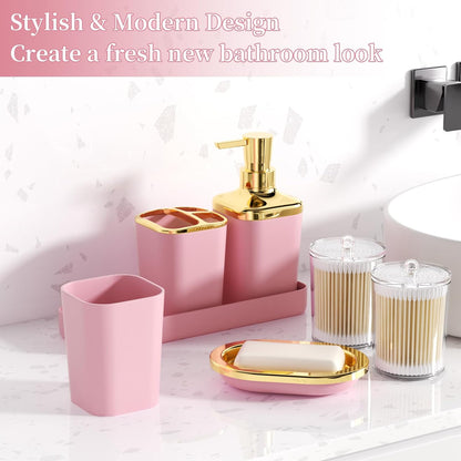 XLHOMO Bathroom Accessories Set - 25PC Bathroom Set with Shower Curtain and Rugs, Pink Bathroom Set, Bathroom Accessory Set with Press-on Lid Trash Can, Soap Dispenser and Qtip Holders