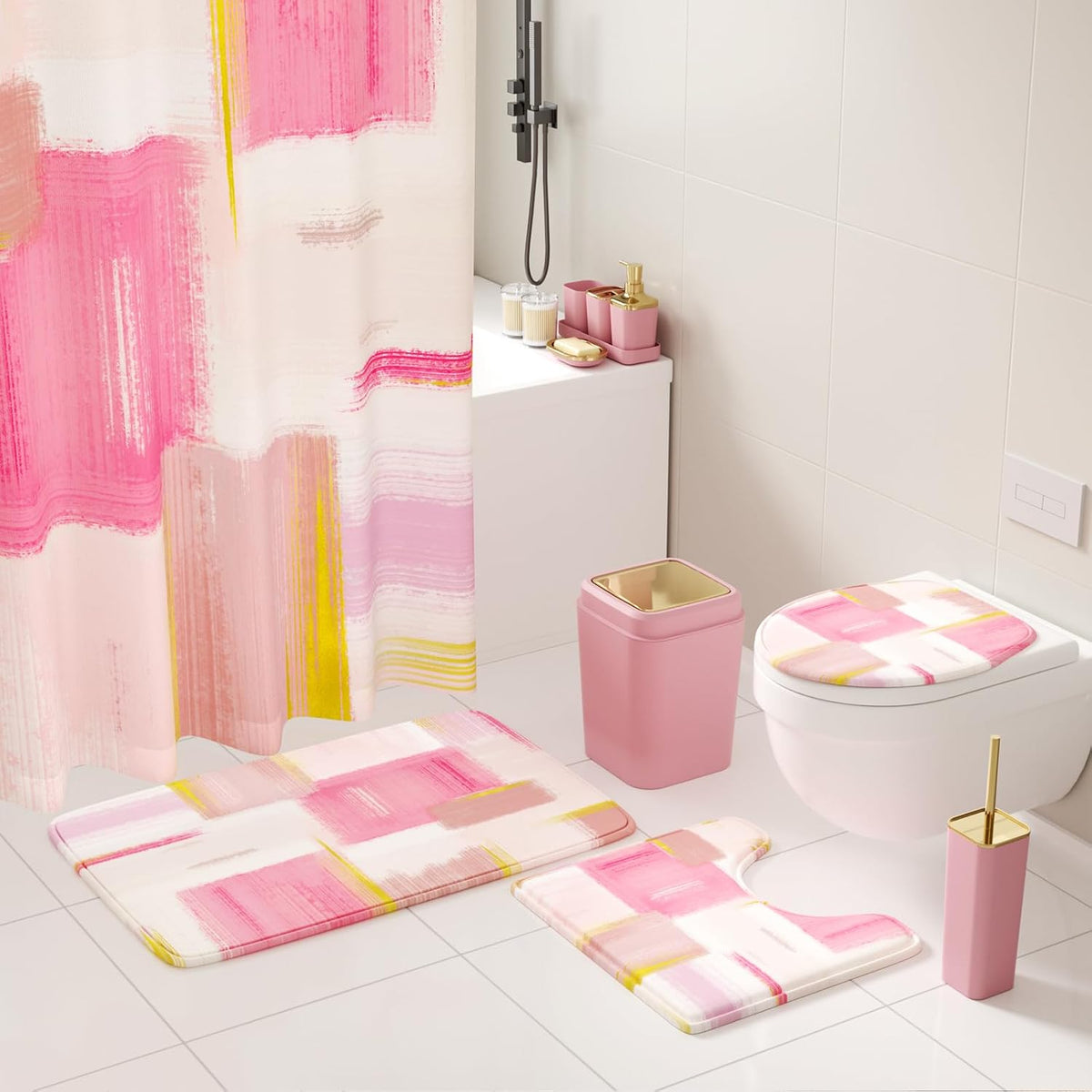 XLHOMO Bathroom Accessories Set - 25PC Bathroom Set with Shower Curtain and Rugs, Pink Bathroom Set, Bathroom Accessory Set with Press-on Lid Trash Can, Soap Dispenser and Qtip Holders