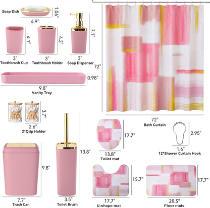 XLHOMO Bathroom Accessories Set - 25PC Bathroom Set with Shower Curtain and Rugs, Pink Bathroom Set, Bathroom Accessory Set with Press-on Lid Trash Can, Soap Dispenser and Qtip Holders