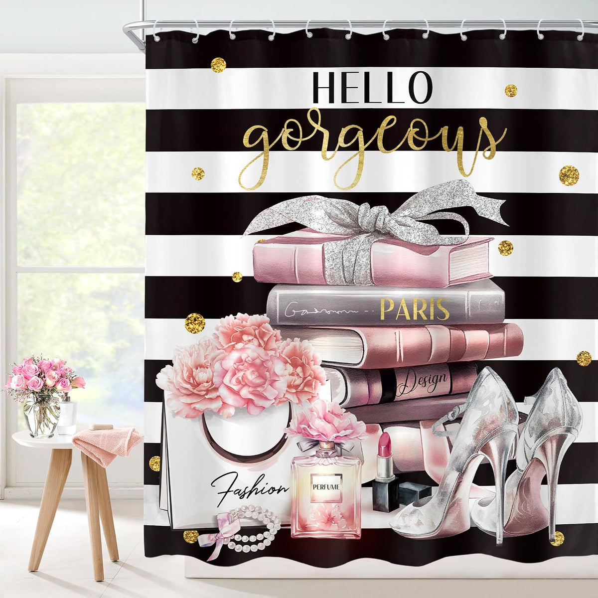 Black Pink Fashion Black White Girly Girls Bathroom Shower Curtain Set
