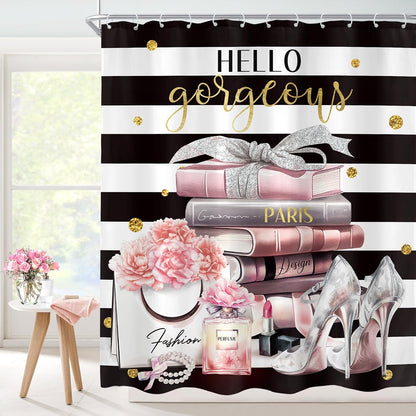 Black Pink Fashion Black White Girly Girls Bathroom Shower Curtain Set