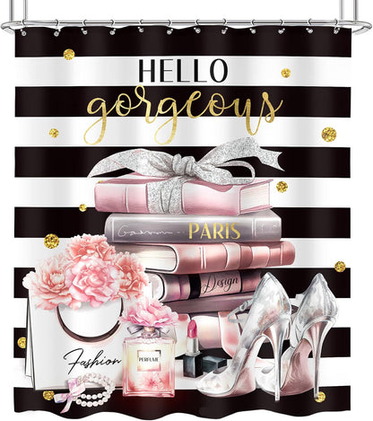Black Pink Fashion Black White Girly Girls Bathroom Shower Curtain Set