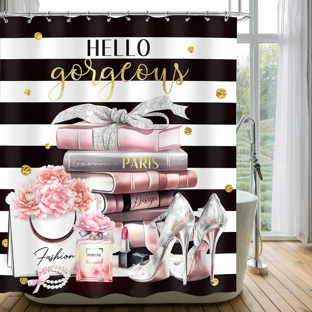 Black Pink Fashion Black White Girly Girls Bathroom Shower Curtain Set