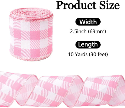 Pink and White Gingham Ribbon Spring Wired Ribbon 2.5 Inch Pink Buffalo Plaid Checkered Ribbon 10 Yards for Gift Wrapping DIY Crafts Wreath Bouquet Baby Shower Spring Summer Party Home Decor