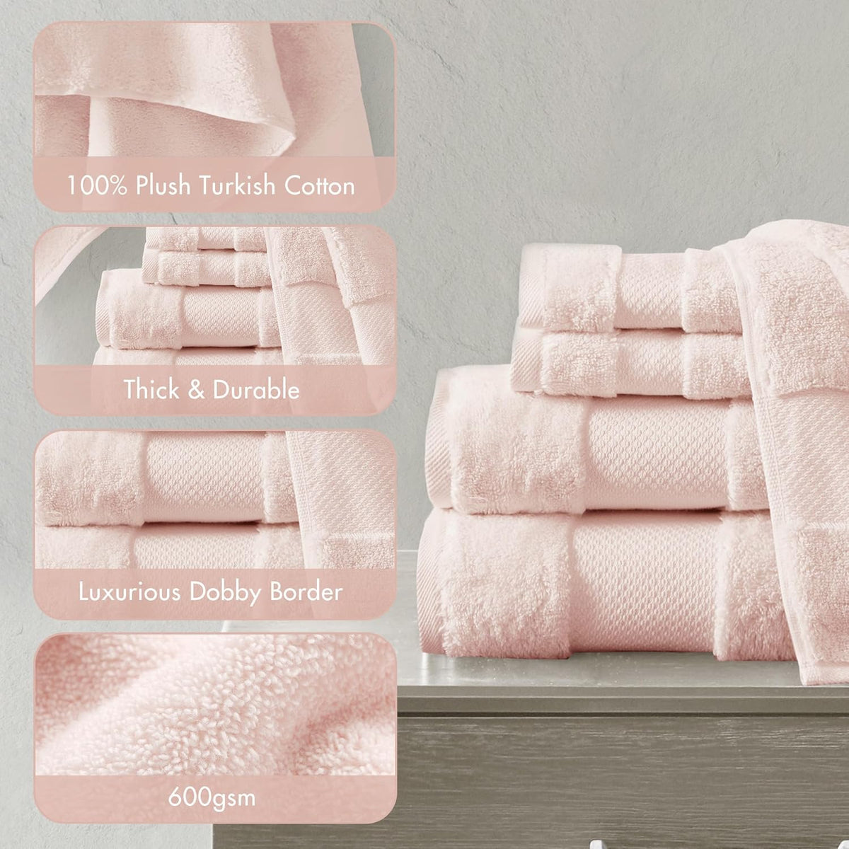 100% Turkish Cotton 600 GSM Bath Towel Set, 6 Piece, Blush
