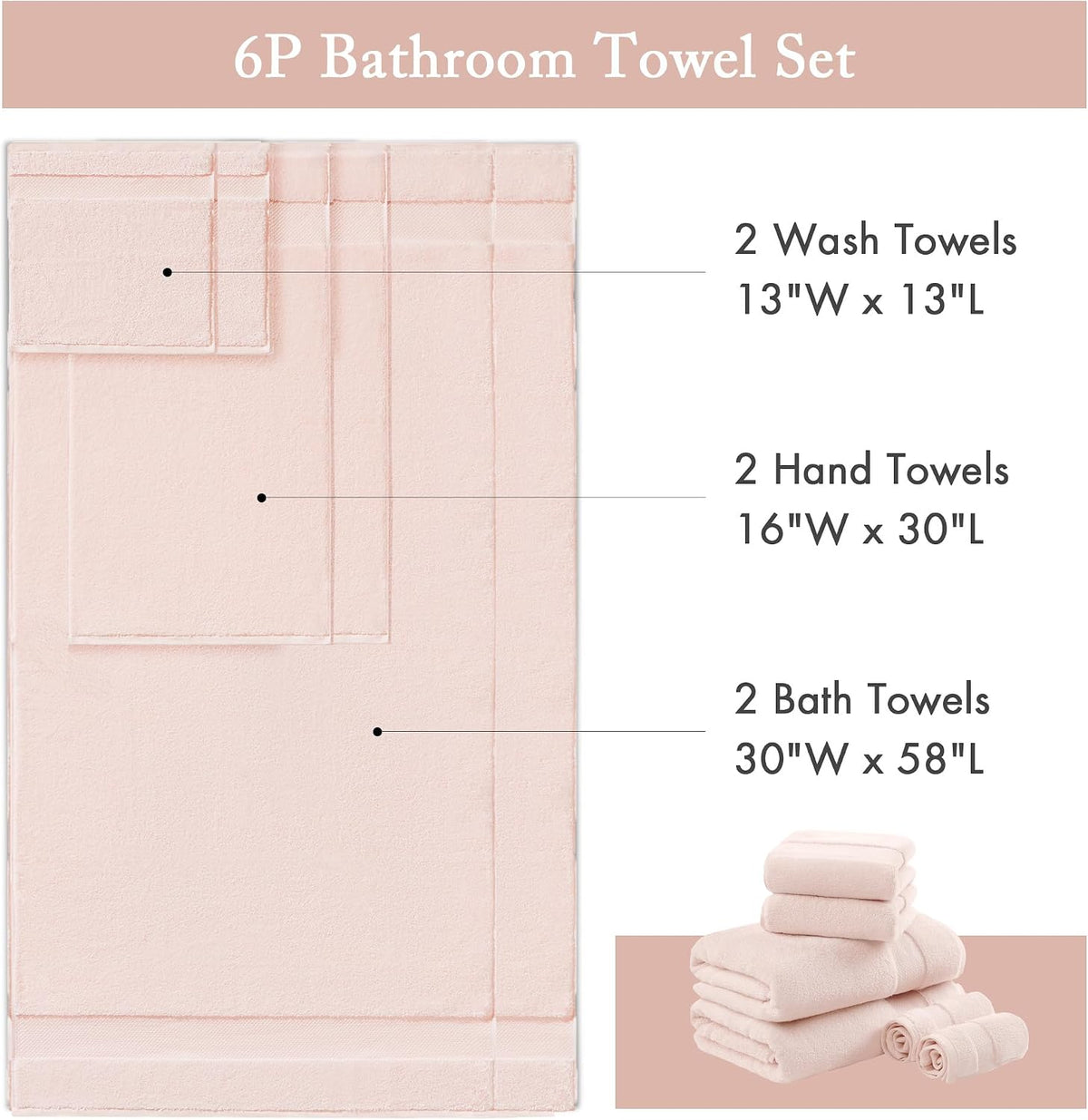 100% Turkish Cotton 600 GSM Bath Towel Set, 6 Piece, Blush