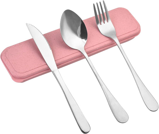 Travel Silverware Set with Case - Portable Reusable Utensils - Spoon, Knife, Fork Lunch Box Cutlery