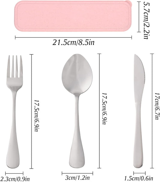 Travel Silverware Set with Case - Portable Reusable Utensils - Spoon, Knife, Fork Lunch Box Cutlery