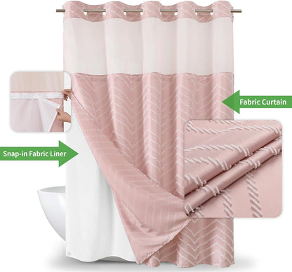 Blush Pink No Hook Shower Curtain with Snap-in Liner Set,Boho Modern Farmhouse White Tufted Chevron Striped Design,Woven Fabric Bathroom Curtain,71x74