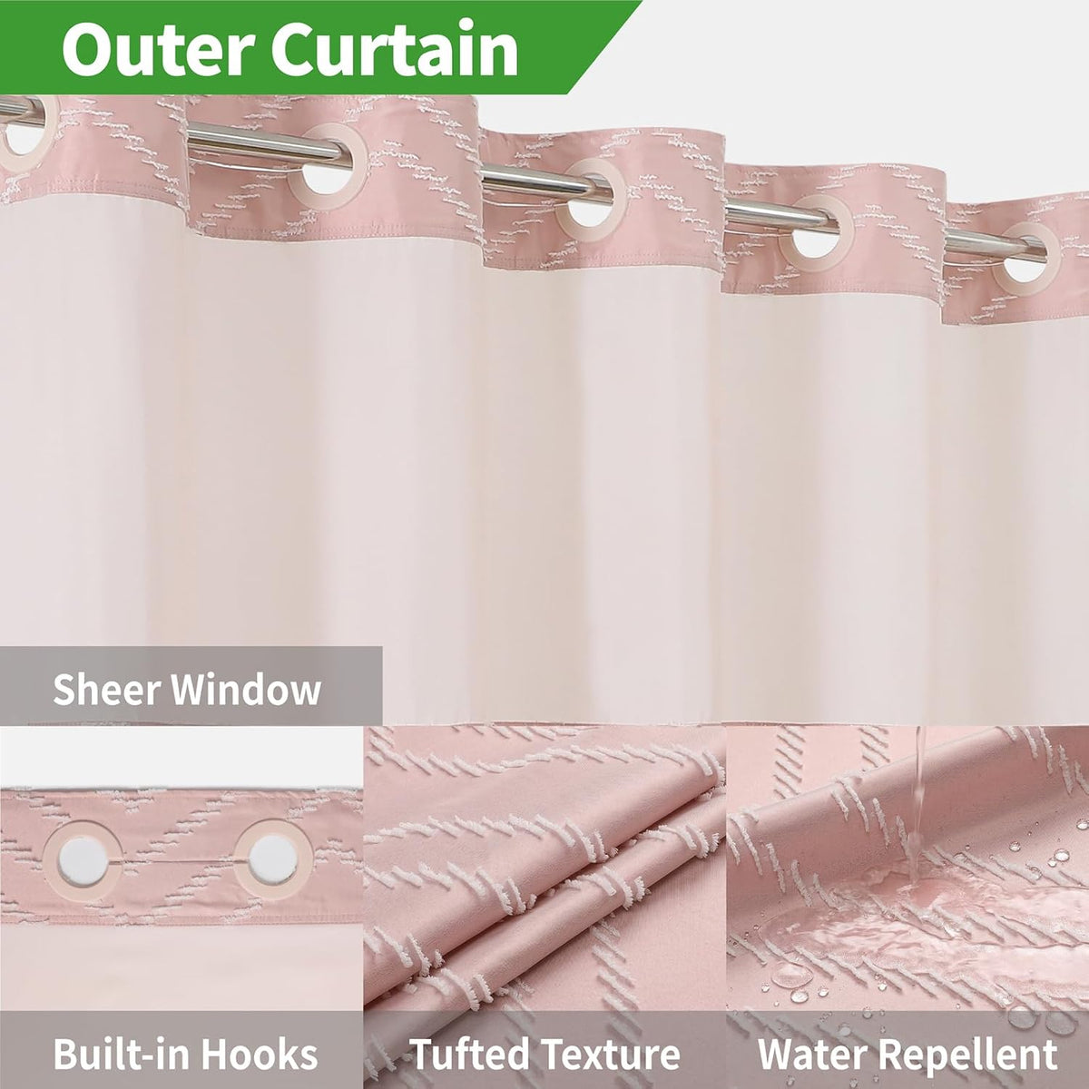 Blush Pink No Hook Shower Curtain with Snap-in Liner Set,Boho Modern Farmhouse White Tufted Chevron Striped Design,Woven Fabric Bathroom Curtain,71x74