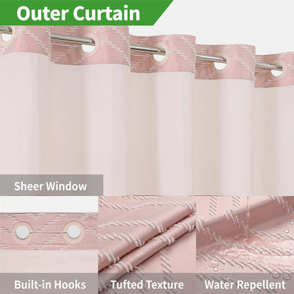 Blush Pink No Hook Shower Curtain with Snap-in Liner Set,Boho Modern Farmhouse White Tufted Chevron Striped Design,Woven Fabric Bathroom Curtain,71x74