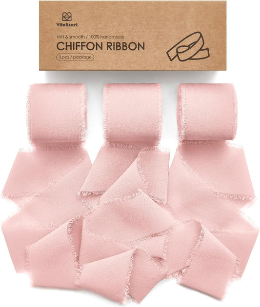 Blush Pink Handmade Chiffon Silk Ribbon Fringe 3 Rolls 1.5" x 21 Yd Frayed Edges Ribbons for Wedding Invitations Bridal Bouquets Gifts Wrapping Crafts Holiday Decor