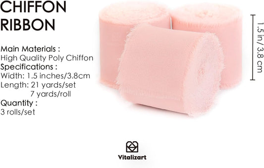 Blush Pink Handmade Chiffon Silk Ribbon Fringe 3 Rolls 1.5" x 21 Yd Frayed Edges Ribbons for Wedding Invitations Bridal Bouquets Gifts Wrapping Crafts Holiday Decor