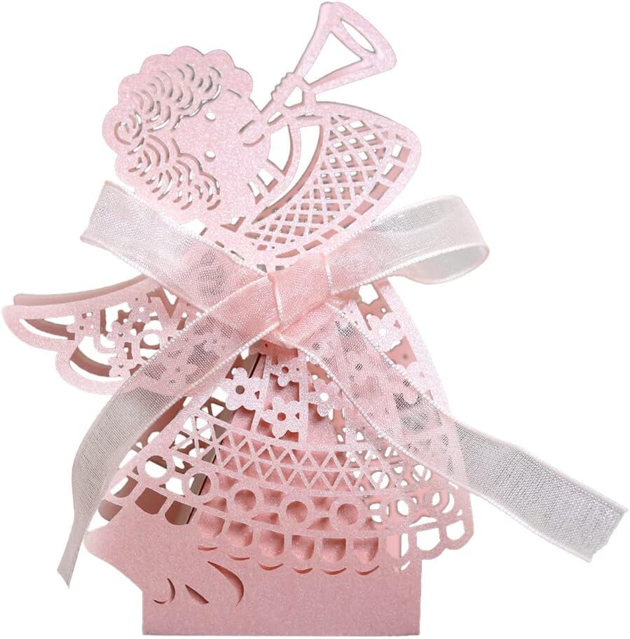 Katutude 50 Pcs Empty Candy Gift Boxes Favor Boxes with Ribbon Hollow Paper Gift Boxes Small Chocolate Candy Gift Box for Baby Shower Birthday Party Baptism Party