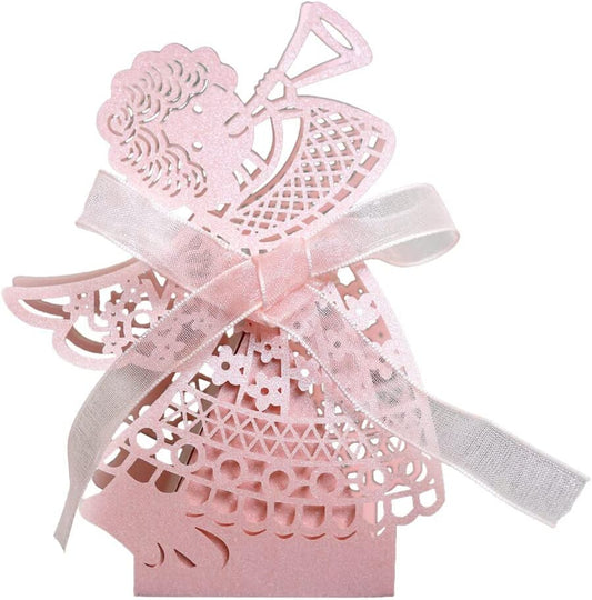 Katutude 50 Pcs Empty Candy Gift Boxes Favor Boxes with Ribbon Hollow Paper Gift Boxes Small Chocolate Candy Gift Box for Baby Shower Birthday Party Baptism Party
