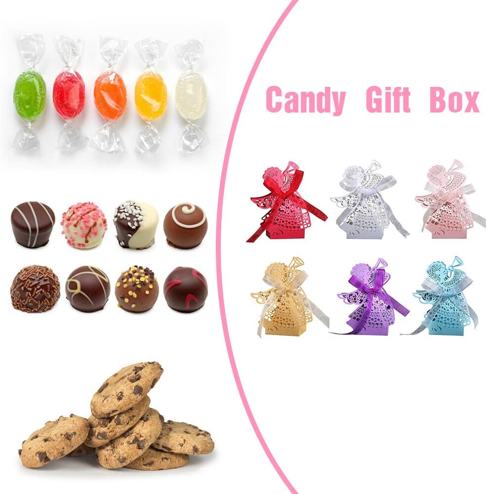 Katutude 50 Pcs Empty Candy Gift Boxes Favor Boxes with Ribbon Hollow Paper Gift Boxes Small Chocolate Candy Gift Box for Baby Shower Birthday Party Baptism Party