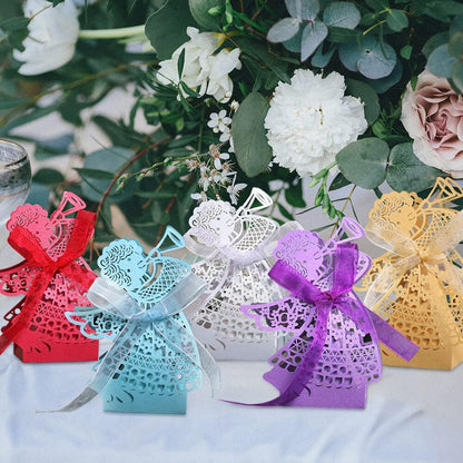 Katutude 50 Pcs Empty Candy Gift Boxes Favor Boxes with Ribbon Hollow Paper Gift Boxes Small Chocolate Candy Gift Box for Baby Shower Birthday Party Baptism Party