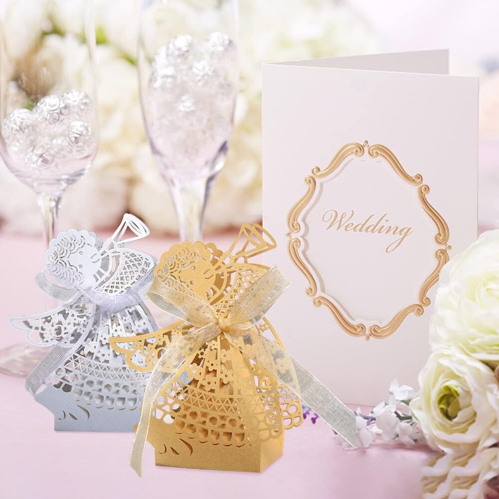 Katutude 50 Pcs Empty Candy Gift Boxes Favor Boxes with Ribbon Hollow Paper Gift Boxes Small Chocolate Candy Gift Box for Baby Shower Birthday Party Baptism Party