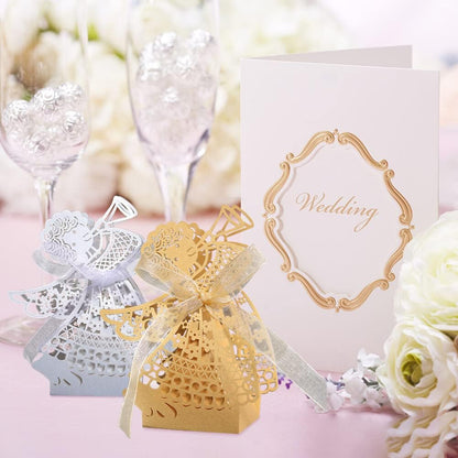 Katutude 50 Pcs Empty Candy Gift Boxes Favor Boxes with Ribbon Hollow Paper Gift Boxes Small Chocolate Candy Gift Box for Baby Shower Birthday Party Baptism Party