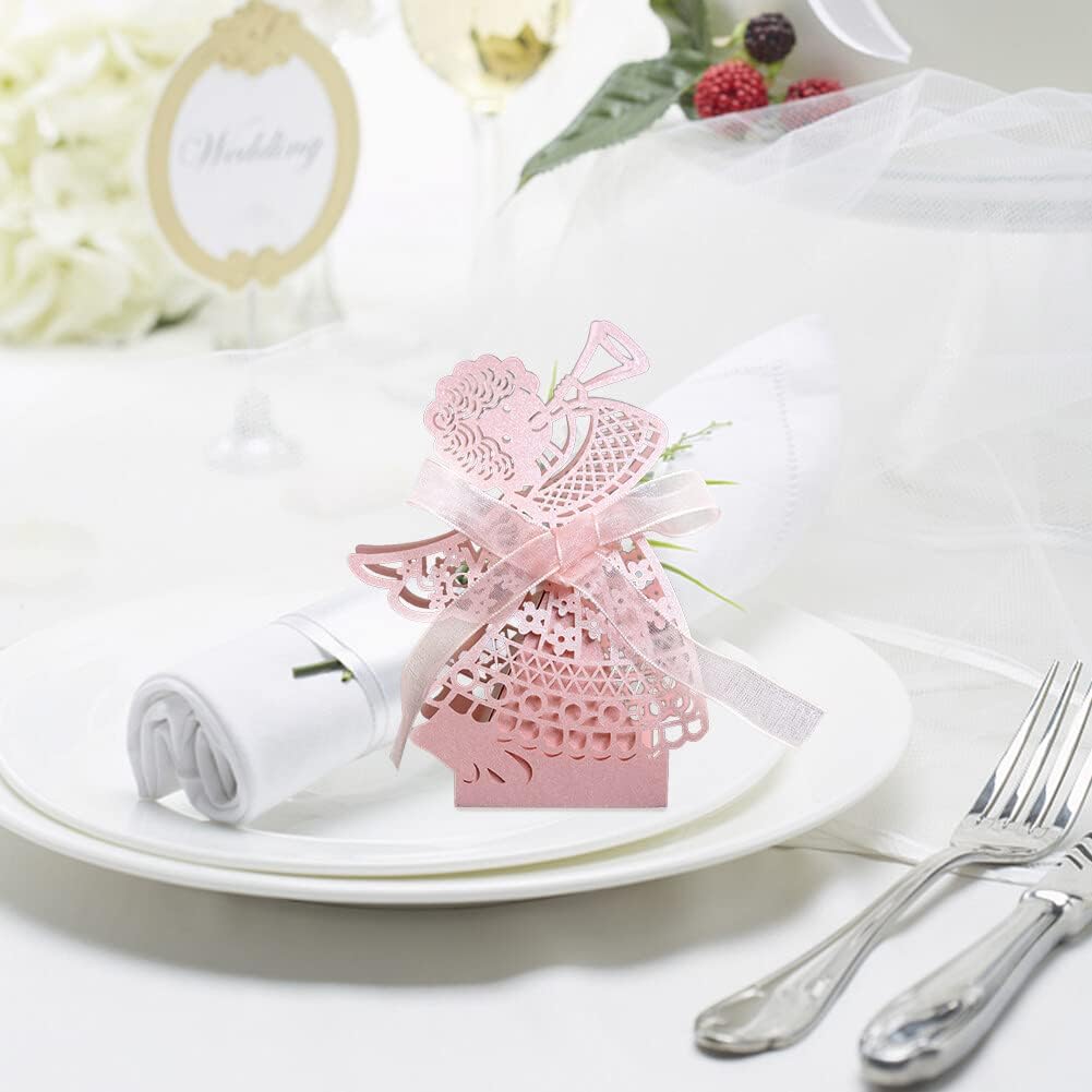 Katutude 50 Pcs Empty Candy Gift Boxes Favor Boxes with Ribbon Hollow Paper Gift Boxes Small Chocolate Candy Gift Box for Baby Shower Birthday Party Baptism Party