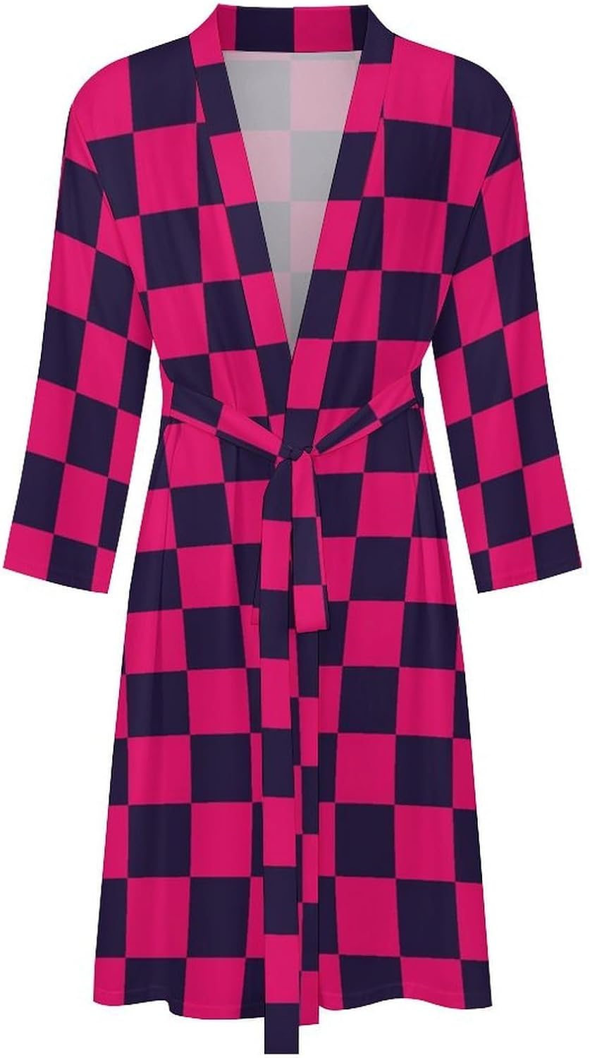 Navyblue Pink Checkered Print Robes for Men Women, Soft Bathrobe Long Men Womens Robes Lightweight Cozy Bath Robe