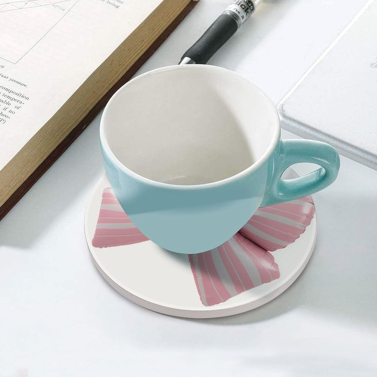 Light Pink Bow Balloon Candy Stripe Pattern Coasters Set of 4 Absorbent Coasters