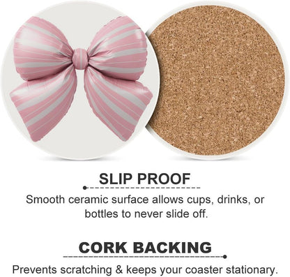Light Pink Bow Balloon Candy Stripe Pattern Coasters Set of 4 Absorbent Coasters