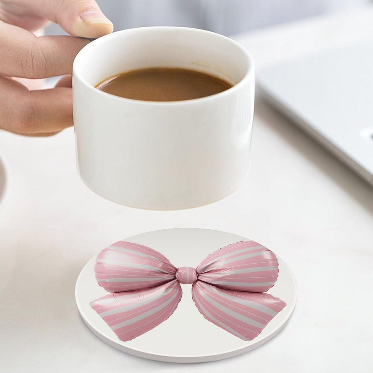 Light Pink Bow Balloon Candy Stripe Pattern Coasters Set of 4 Absorbent Coasters