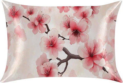 Pink Peach Blossom Satin Pillowcase for Hair and Skin Blossoms Flower Pillow Cases Standard Size Soft Cooling Satin Pillow Covers with Zipper for Men Women 20x26 Inches
