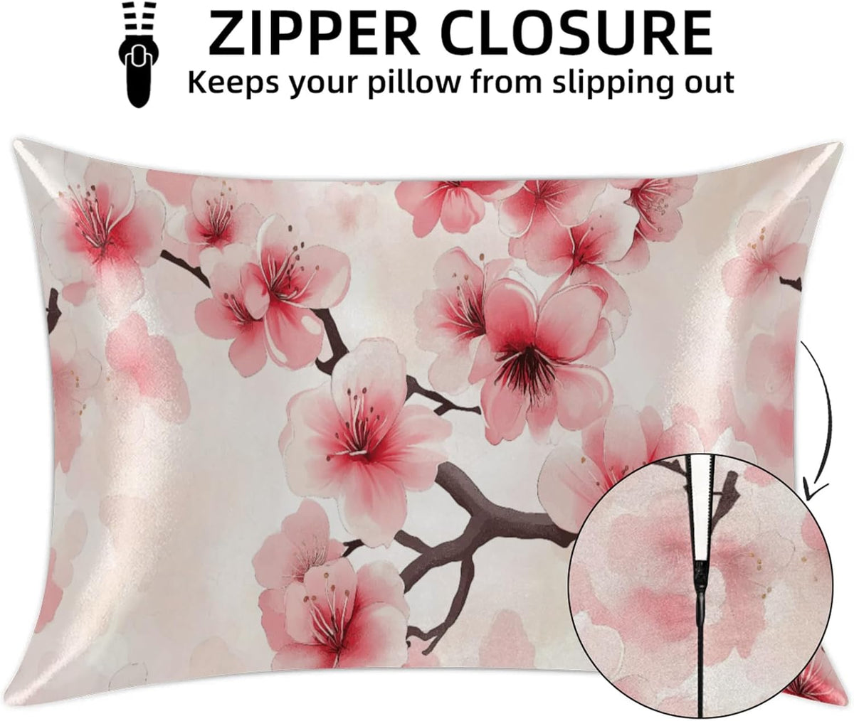 Pink Peach Blossom Satin Pillowcase for Hair and Skin Blossoms Flower Pillow Cases Standard Size Soft Cooling Satin Pillow Covers with Zipper for Men Women 20x26 Inches