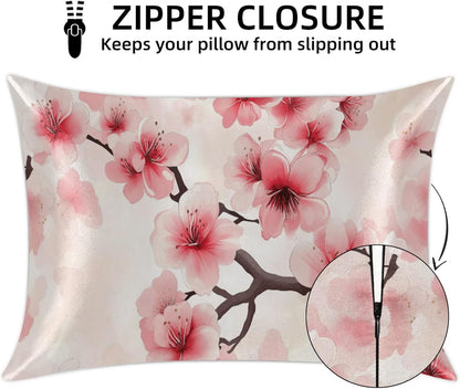 Pink Peach Blossom Satin Pillowcase for Hair and Skin Blossoms Flower Pillow Cases Standard Size Soft Cooling Satin Pillow Covers with Zipper for Men Women 20x26 Inches