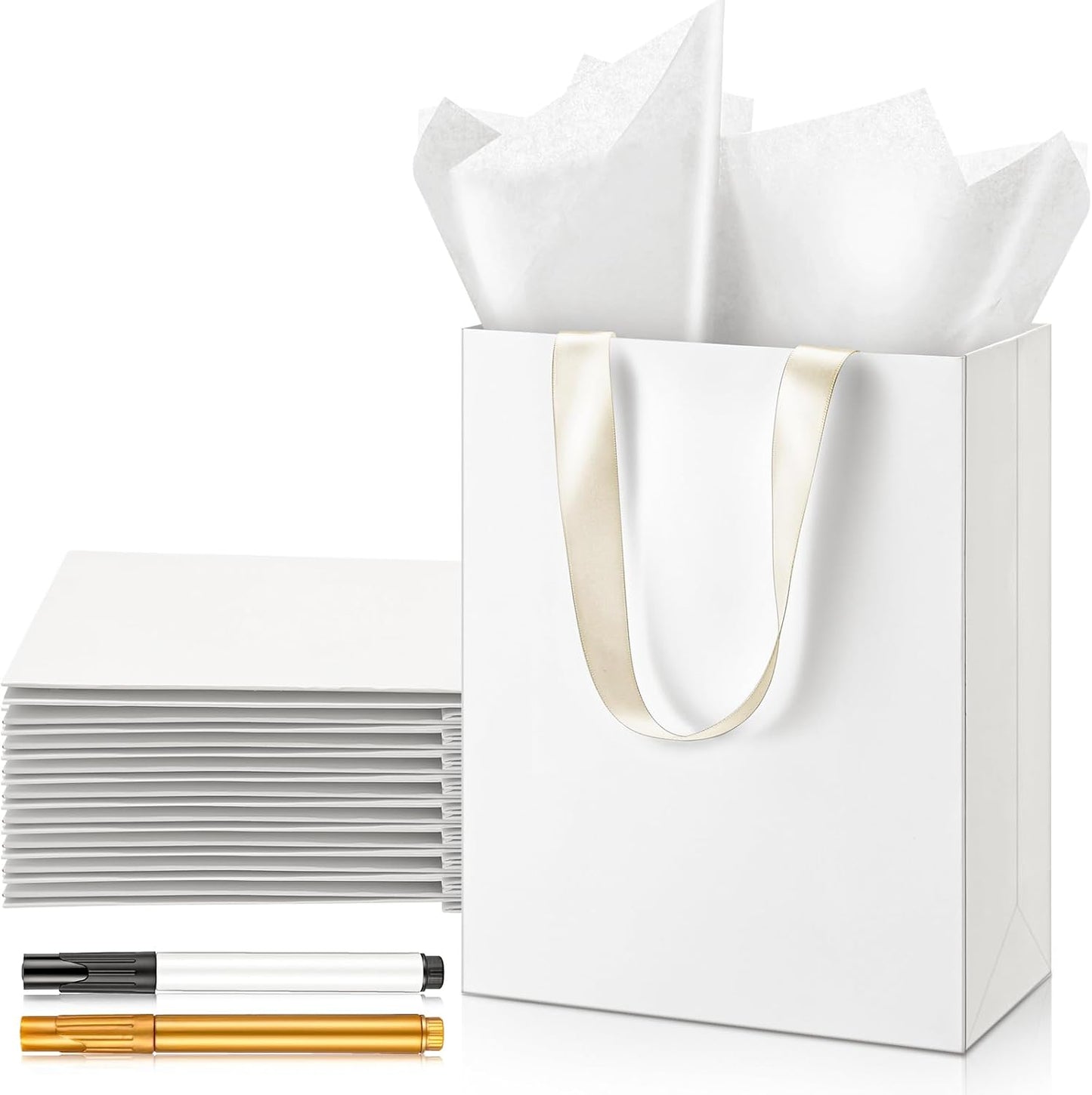 Yeaqee 24 Pcs 12 Sets Wedding Gift Bags with Metallic Markers Tissue Paper, 9 x 7 x 3.15 Personalized DIY Ribbon Handle Gift Bags for Valentines Birthday Shopping Bridal Baby Shower(White, Beige)