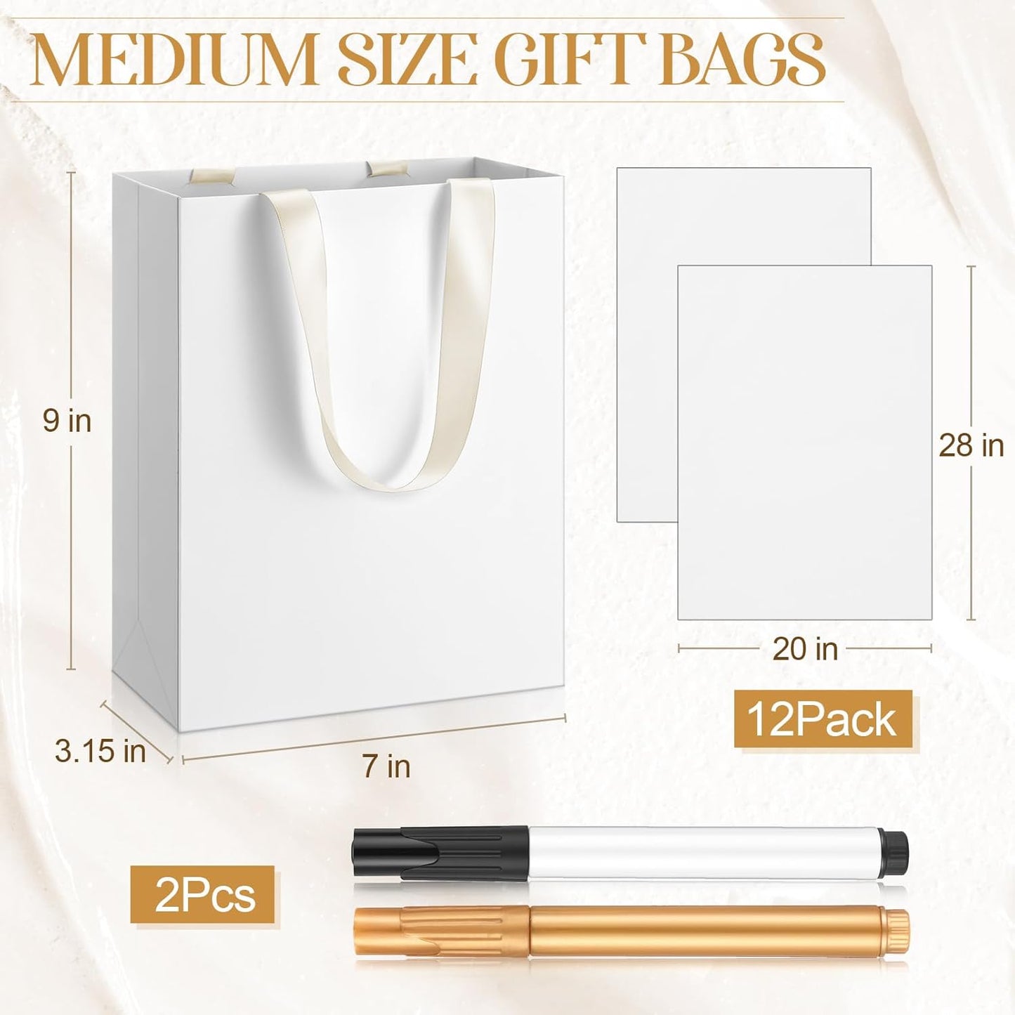 Yeaqee 24 Pcs 12 Sets Wedding Gift Bags with Metallic Markers Tissue Paper, 9 x 7 x 3.15 Personalized DIY Ribbon Handle Gift Bags for Valentines Birthday Shopping Bridal Baby Shower(White, Beige)