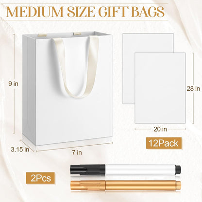 Yeaqee 24 Pcs 12 Sets Wedding Gift Bags with Metallic Markers Tissue Paper, 9 x 7 x 3.15 Personalized DIY Ribbon Handle Gift Bags for Valentines Birthday Shopping Bridal Baby Shower(White, Beige)