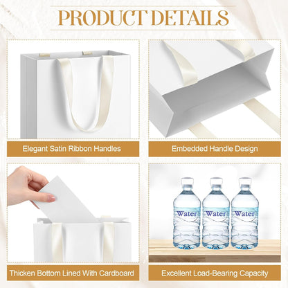 Yeaqee 24 Pcs 12 Sets Wedding Gift Bags with Metallic Markers Tissue Paper, 9 x 7 x 3.15 Personalized DIY Ribbon Handle Gift Bags for Valentines Birthday Shopping Bridal Baby Shower(White, Beige)