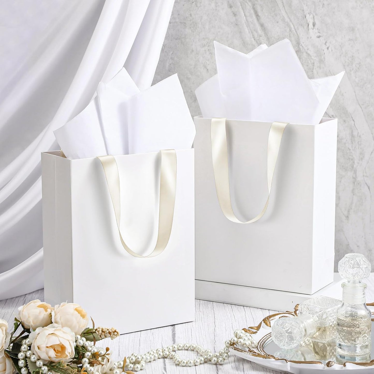 Yeaqee 24 Pcs 12 Sets Wedding Gift Bags with Metallic Markers Tissue Paper, 9 x 7 x 3.15 Personalized DIY Ribbon Handle Gift Bags for Valentines Birthday Shopping Bridal Baby Shower(White, Beige)