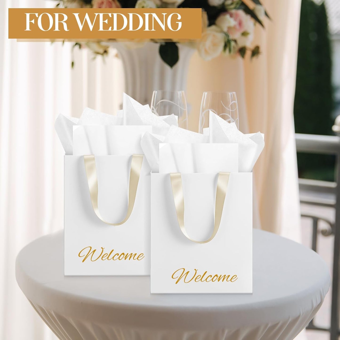 Yeaqee 24 Pcs 12 Sets Wedding Gift Bags with Metallic Markers Tissue Paper, 9 x 7 x 3.15 Personalized DIY Ribbon Handle Gift Bags for Valentines Birthday Shopping Bridal Baby Shower(White, Beige)