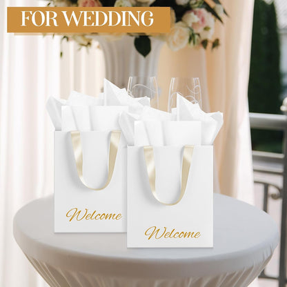 Yeaqee 24 Pcs 12 Sets Wedding Gift Bags with Metallic Markers Tissue Paper, 9 x 7 x 3.15 Personalized DIY Ribbon Handle Gift Bags for Valentines Birthday Shopping Bridal Baby Shower(White, Beige)