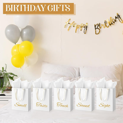 Yeaqee 24 Pcs 12 Sets Wedding Gift Bags with Metallic Markers Tissue Paper, 9 x 7 x 3.15 Personalized DIY Ribbon Handle Gift Bags for Valentines Birthday Shopping Bridal Baby Shower(White, Beige)