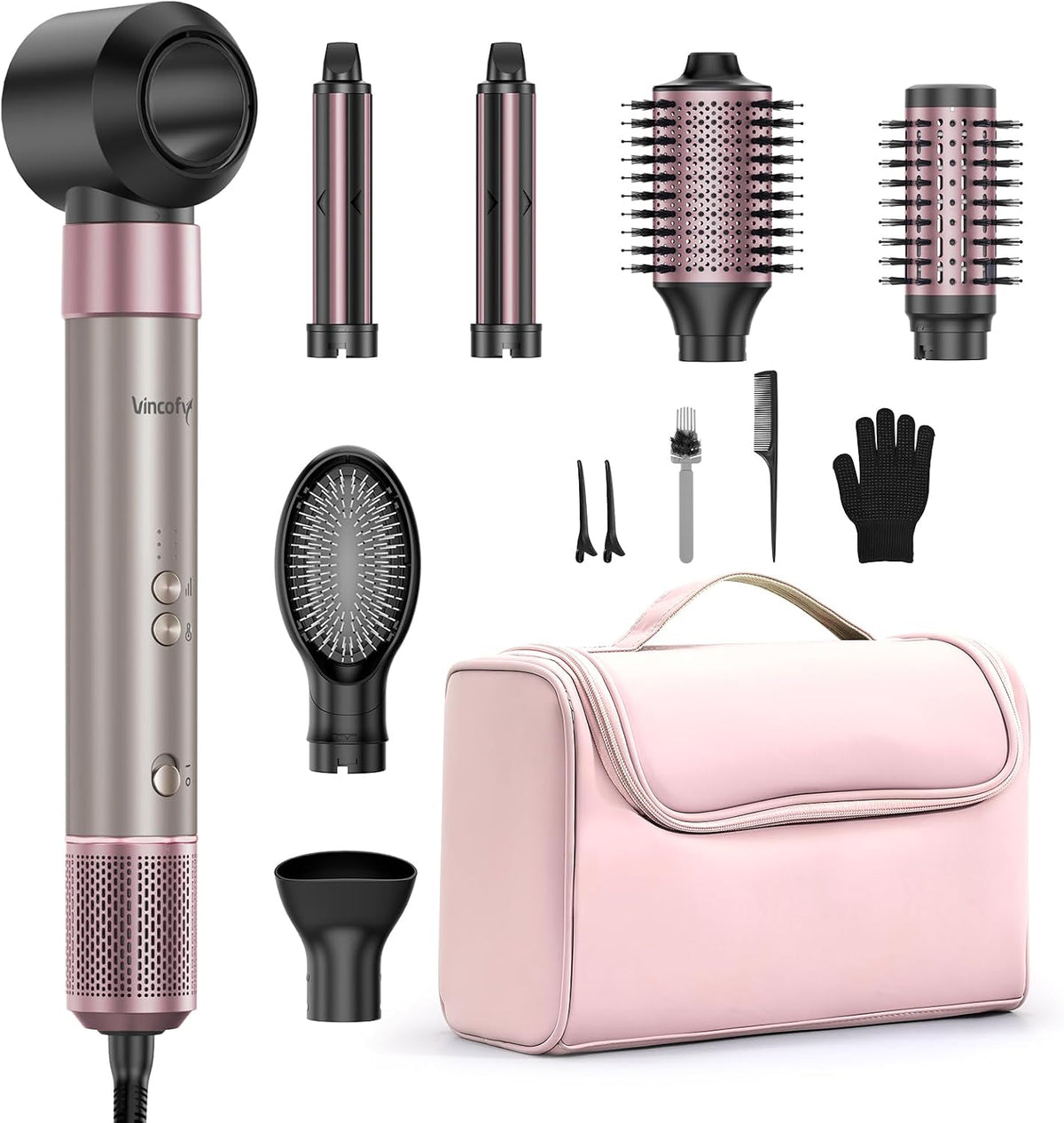 7-in-1 Hair Dryer Brush Blow Dryer, Hot Air Brush Styler with Travel Bag– Fast Drying, Curling, Straightening & Volumizing – 1500W High-Speed Motor 110,000 RPM – All Hair Types – Pink