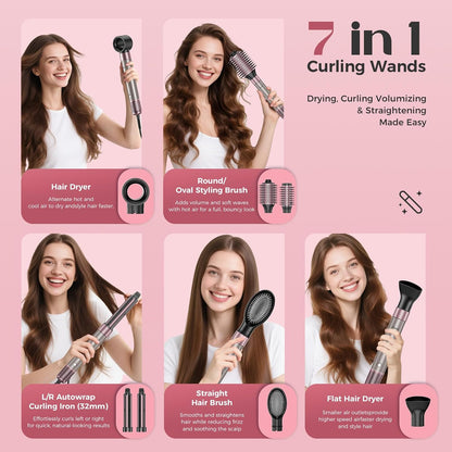 7-in-1 Hair Dryer Brush Blow Dryer, Hot Air Brush Styler with Travel Bag– Fast Drying, Curling, Straightening & Volumizing – 1500W High-Speed Motor 110,000 RPM – All Hair Types – Pink
