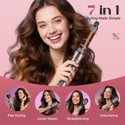 7-in-1 Hair Dryer Brush Blow Dryer, Hot Air Brush Styler with Travel Bag– Fast Drying, Curling, Straightening & Volumizing – 1500W High-Speed Motor 110,000 RPM – All Hair Types – Pink