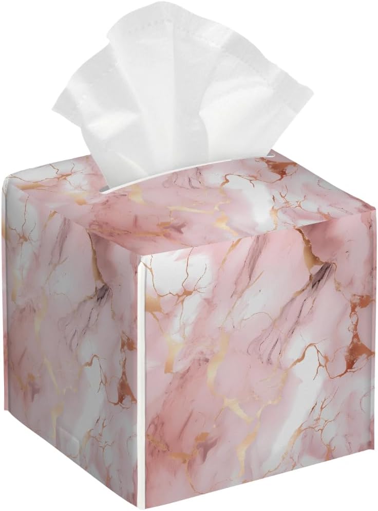 Tissues Cube Boxes, Square Tissue Holder for Bathroom Bedroom & Kitchen, Waterproof PU Leather Facial Tissues Boxes, Pink Rose Gold Marble Print