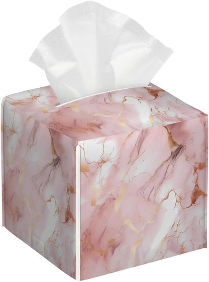 Tissues Cube Boxes, Square Tissue Holder for Bathroom Bedroom & Kitchen, Waterproof PU Leather Facial Tissues Boxes, Pink Rose Gold Marble Print