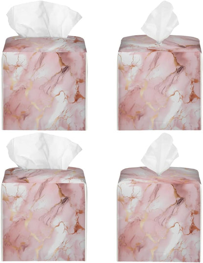 Tissues Cube Boxes, Square Tissue Holder for Bathroom Bedroom & Kitchen, Waterproof PU Leather Facial Tissues Boxes, Pink Rose Gold Marble Print