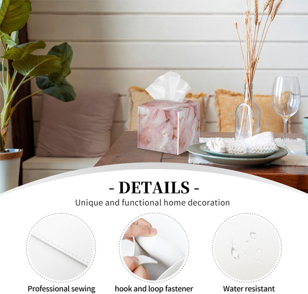 Tissues Cube Boxes, Square Tissue Holder for Bathroom Bedroom & Kitchen, Waterproof PU Leather Facial Tissues Boxes, Pink Rose Gold Marble Print