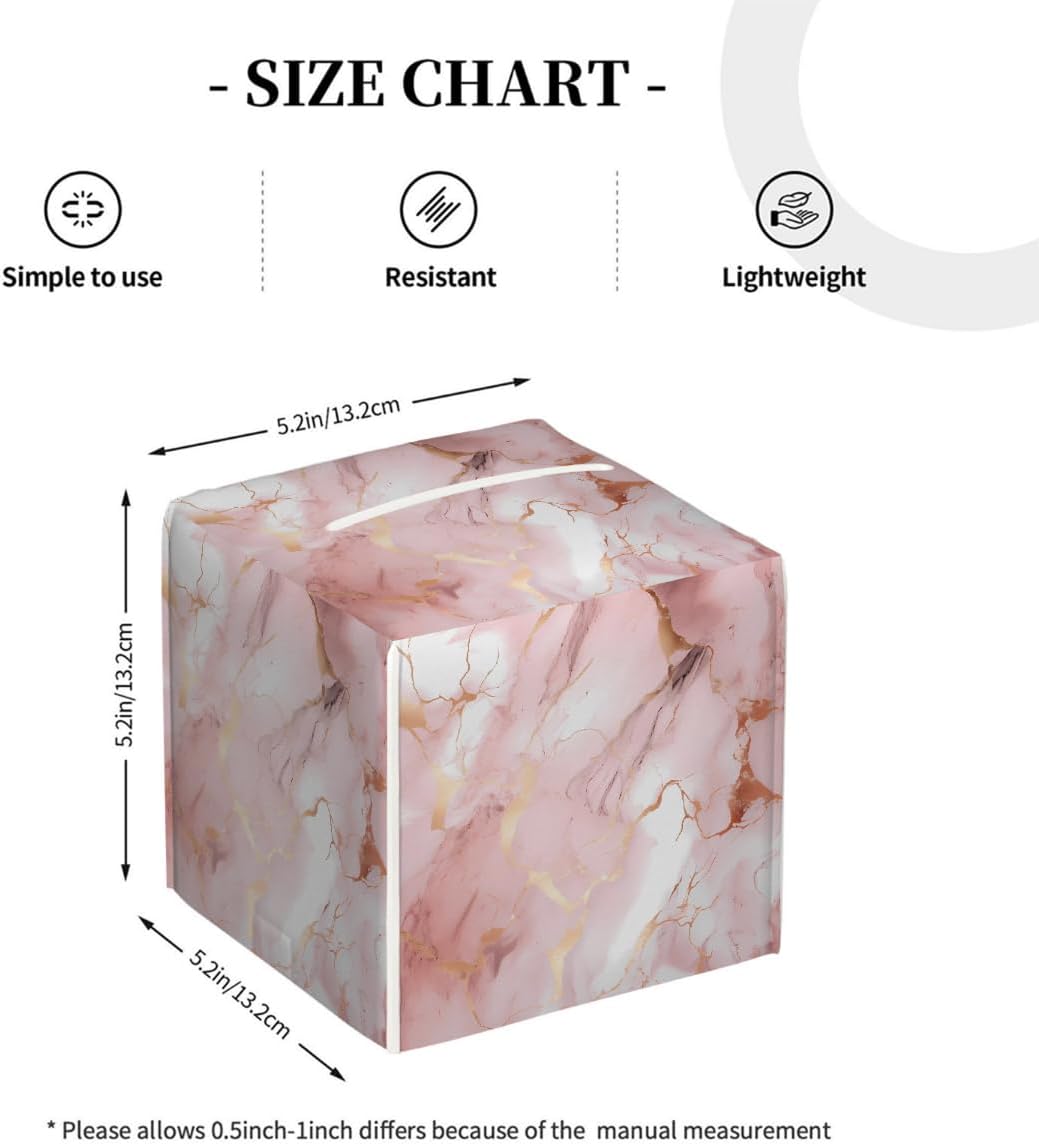 Tissues Cube Boxes, Square Tissue Holder for Bathroom Bedroom & Kitchen, Waterproof PU Leather Facial Tissues Boxes, Pink Rose Gold Marble Print