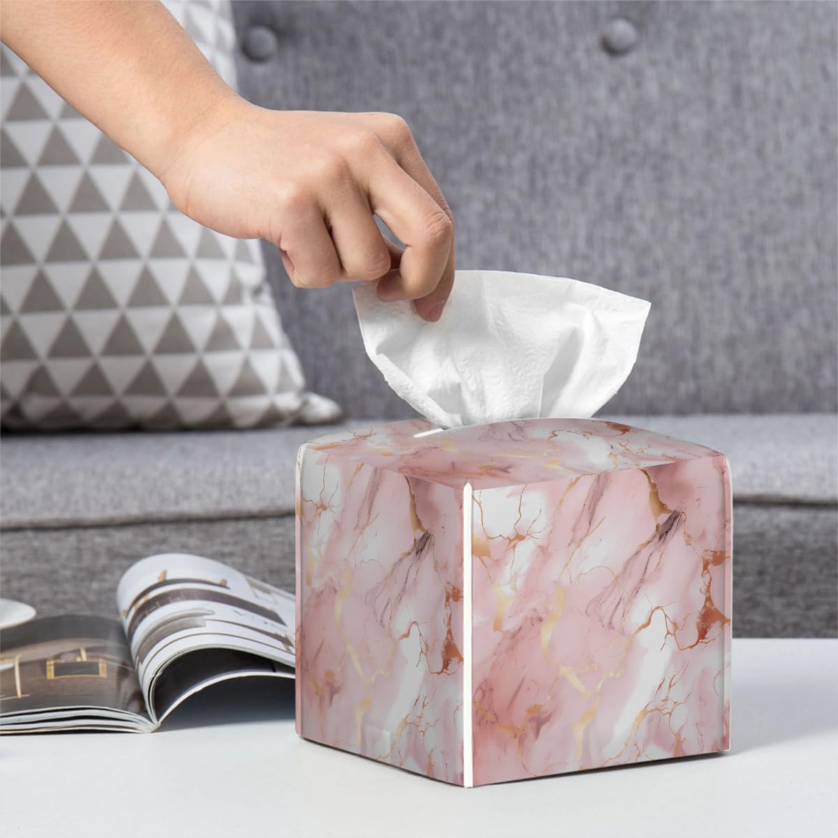Tissues Cube Boxes, Square Tissue Holder for Bathroom Bedroom & Kitchen, Waterproof PU Leather Facial Tissues Boxes, Pink Rose Gold Marble Print