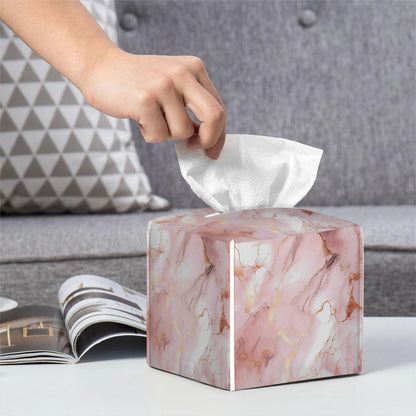 Tissues Cube Boxes, Square Tissue Holder for Bathroom Bedroom & Kitchen, Waterproof PU Leather Facial Tissues Boxes, Pink Rose Gold Marble Print