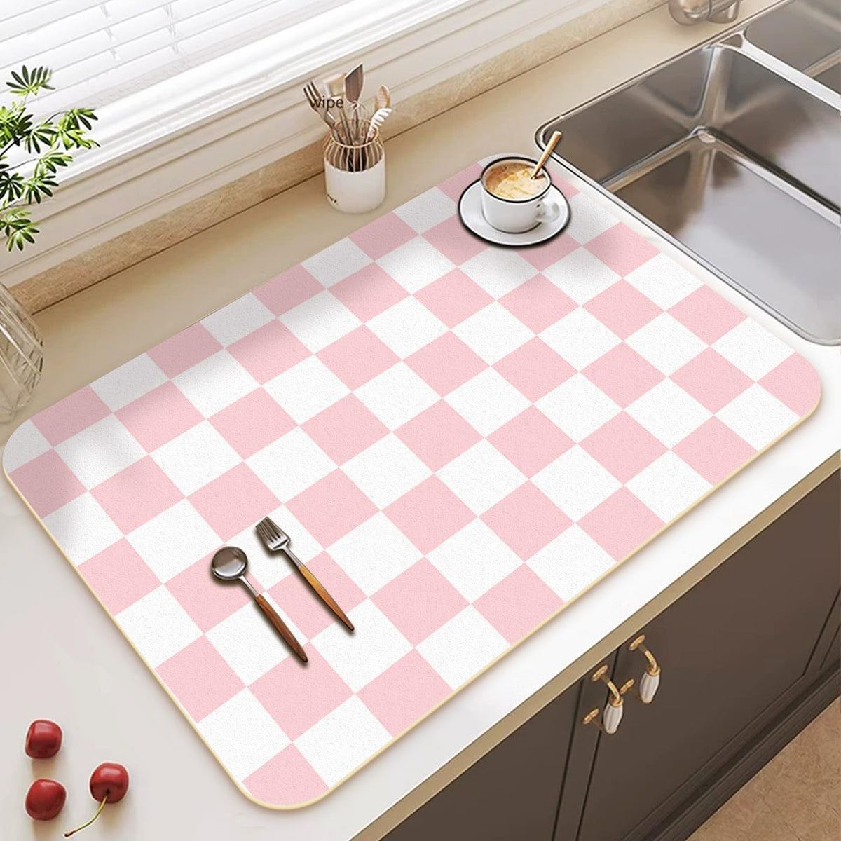 Premium Dish Drying Mat - Coffee Bar Matt & Drainer Rack for Kitchen Counter Decor, Housewarming Hostess Gift for Coffee Lovers, Super Absorbent Mat, 18" x 24" (Pink Checkers, 18'' * 24'')